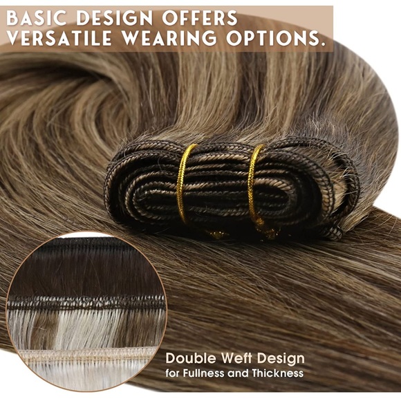 Real human Hair Extensions Chocolate Brown Mix Caramel Blonde Sewed in 18inch - Picture 3 of 5